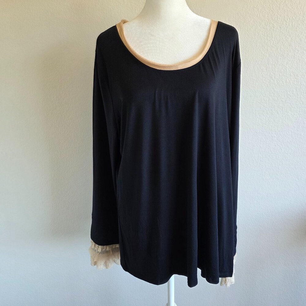 Soft Surroundings Top Tunic Lace Trim Stretch Long Sleeve‎ Black Preppy Plus 1X